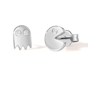 NEW Unisex Mismatch 14k Gold Accent Diamond Pac-Man and Ghost Stud Earrings‎